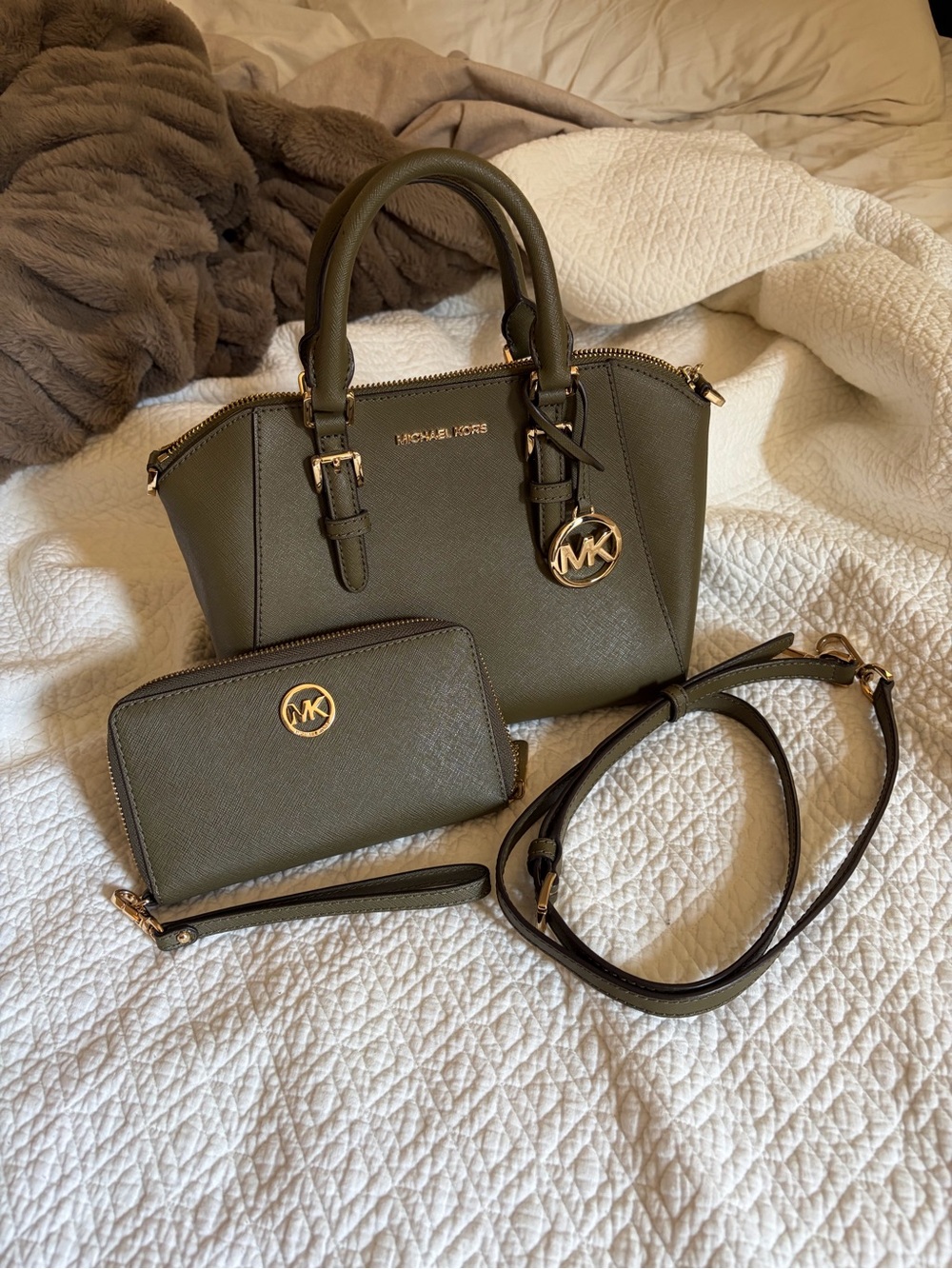 Michael Kors Olive Green Saffiano Satchel with Matching Wallet